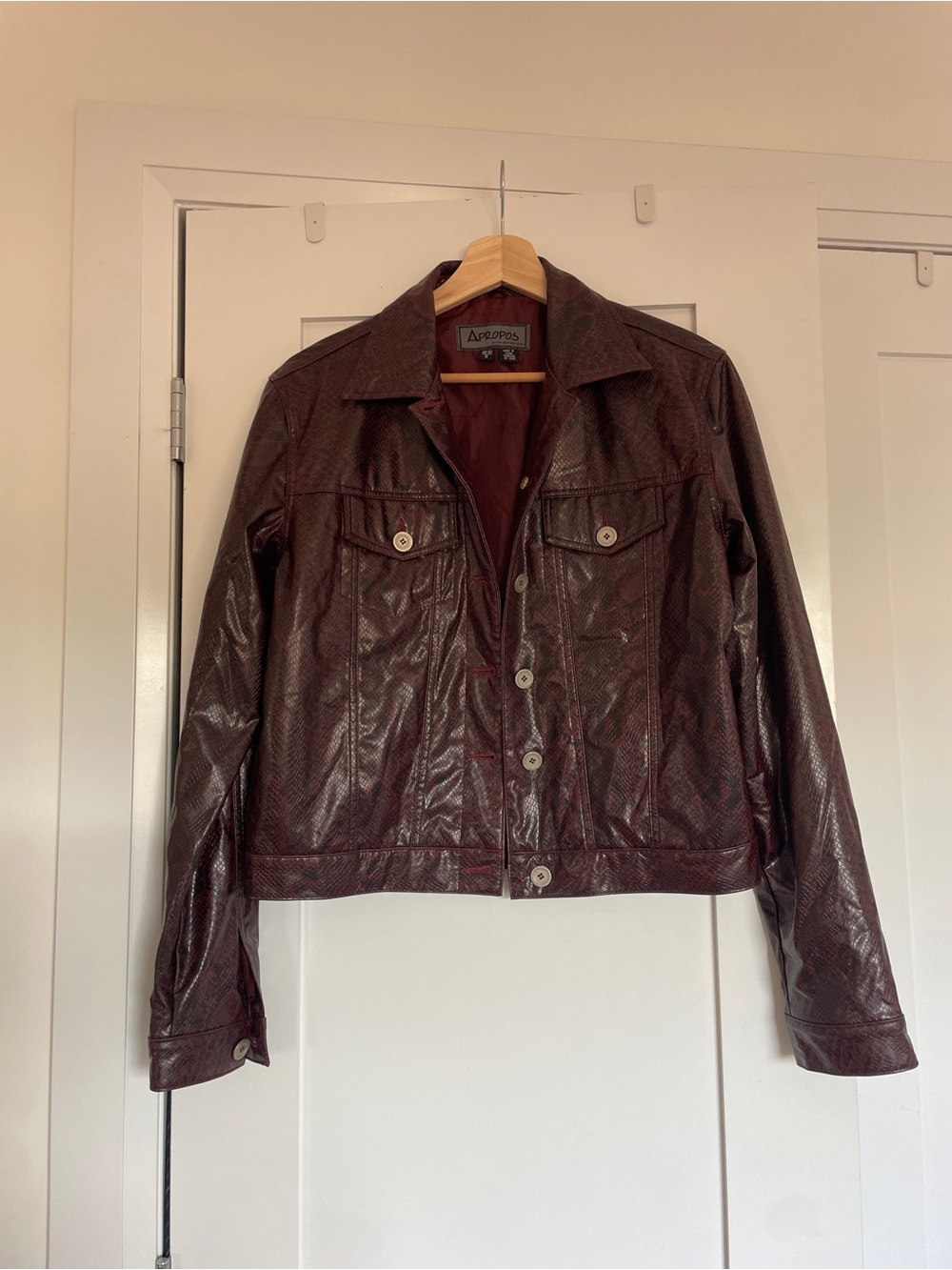 Women's Burgundy Faux Leather Snakeskin Trucker Jacket